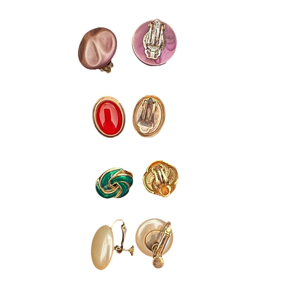 Lot Of 4 Pairs of Vintage Clip On Earrings - Pearl, Emerald Green, Purple